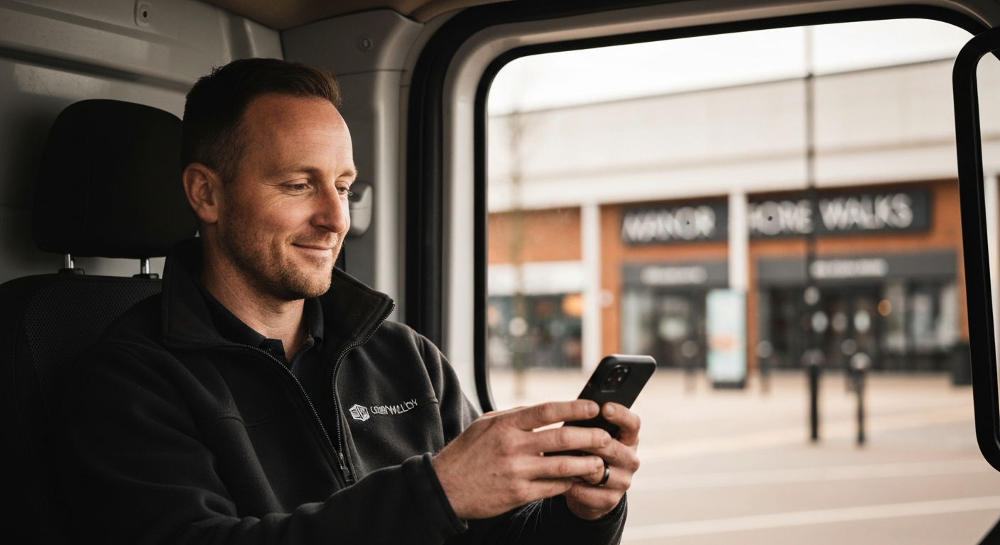 Cramlington business owner sitting in his van parked near Manor Walks, managing enquiries on his smartphone