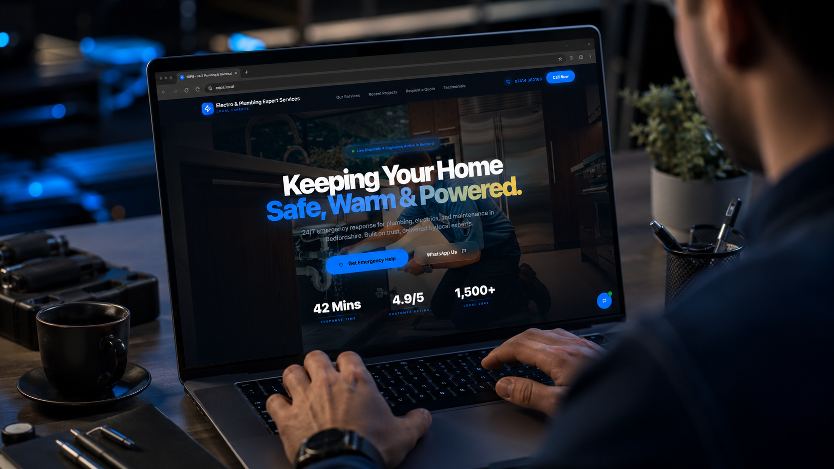 Modern local business website design shown on a laptop screen