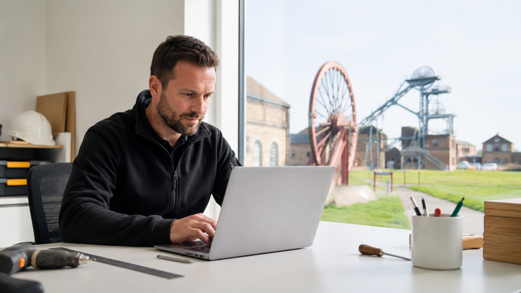 Ashington business owner working on laptop