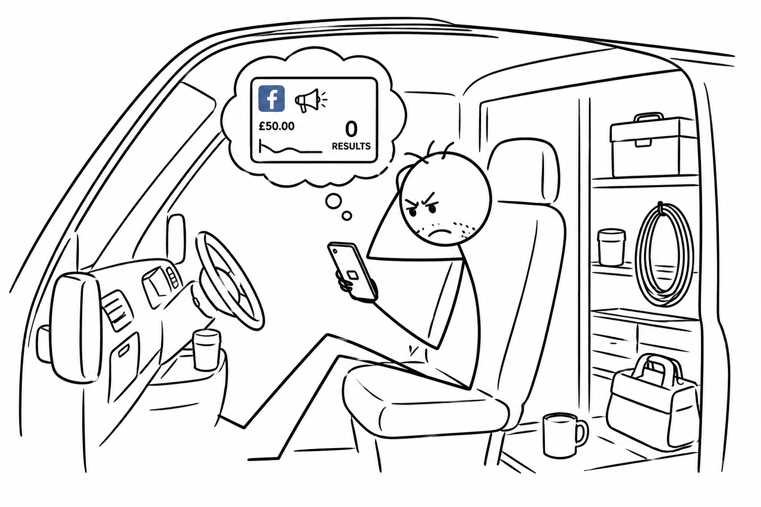 Tradesperson in van frustrated by zero results from boosted Facebook post advertising.