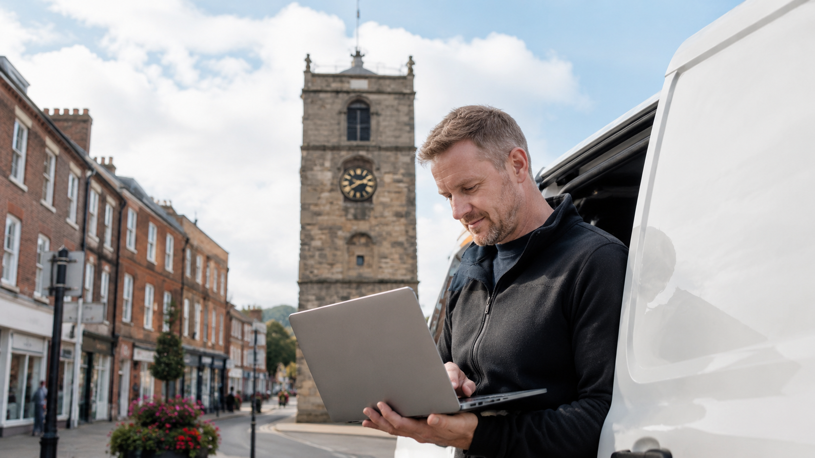 Morpeth business owner working near clock tower