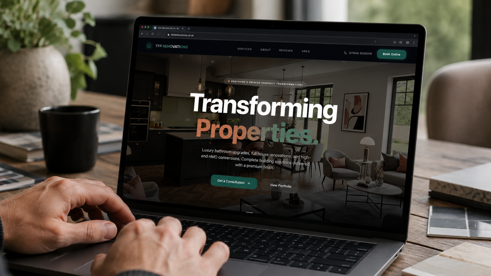 Modern property renovation website design shown on a laptop screen