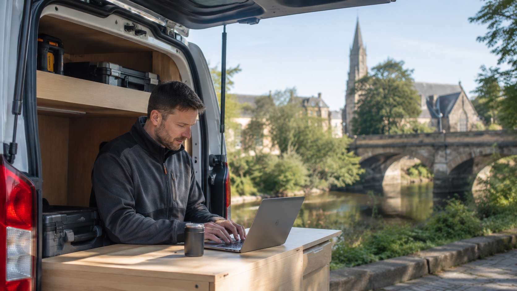 Morpeth business owner working in van by the river