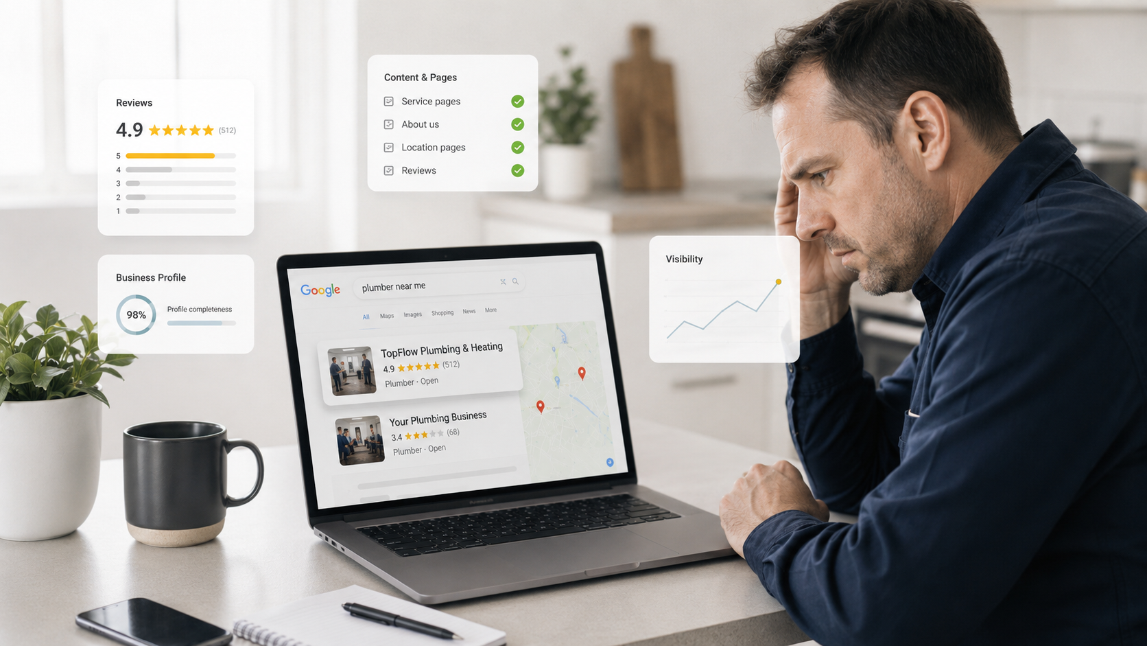 Why competitors rank above you on Google - complete profile, reviews, pages and content vs incomplete