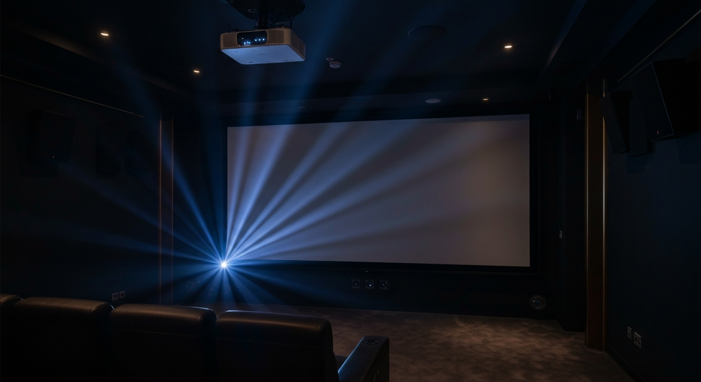 4K laser projector illuminating large cinema screen in luxury home theater