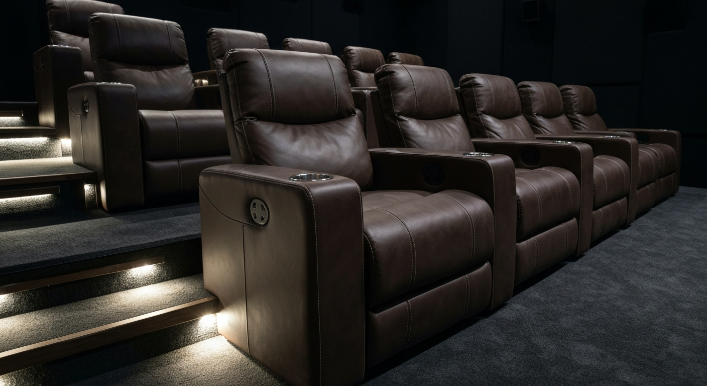 Premium luxury home theater leather recliner seating with LED step lighting