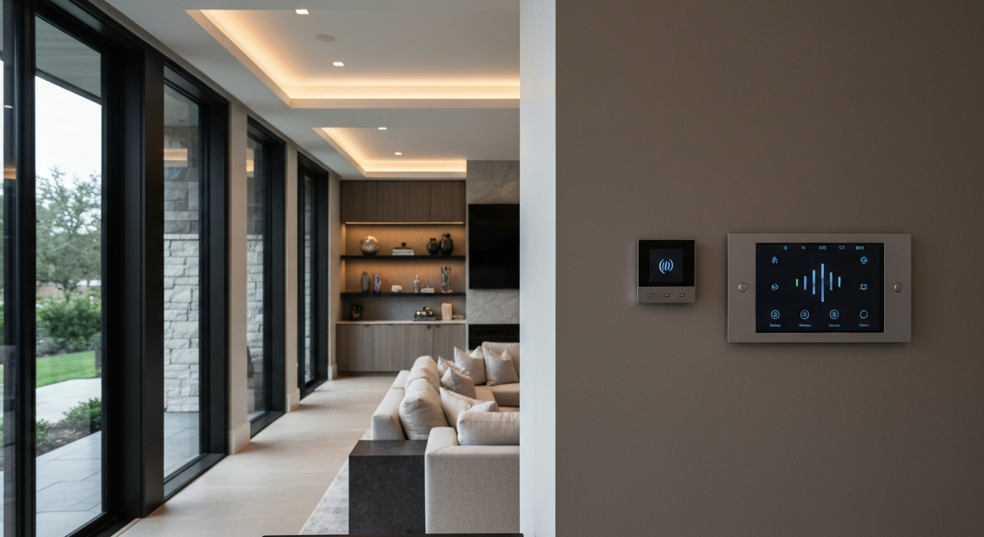 Luxury smart home interior in Houston with integrated touch panel controlling lighting, climate, and audio