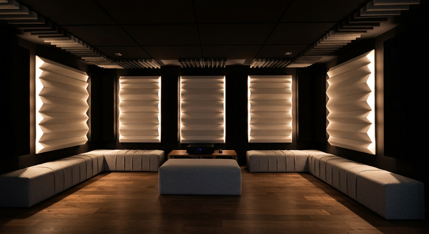 Home theater acoustic treatment panels and bass traps