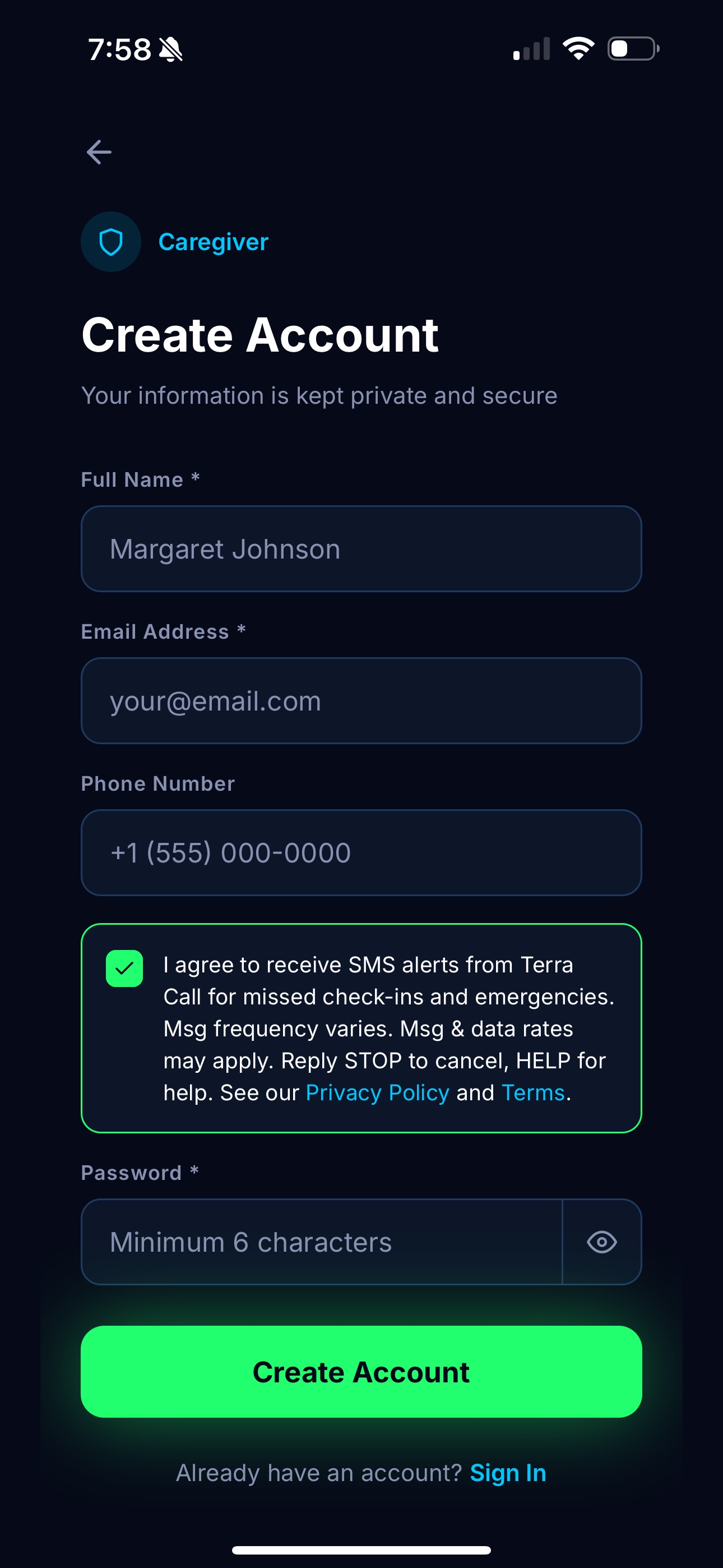 Terra Call registration — SMS consent checkbox checked to opt in
