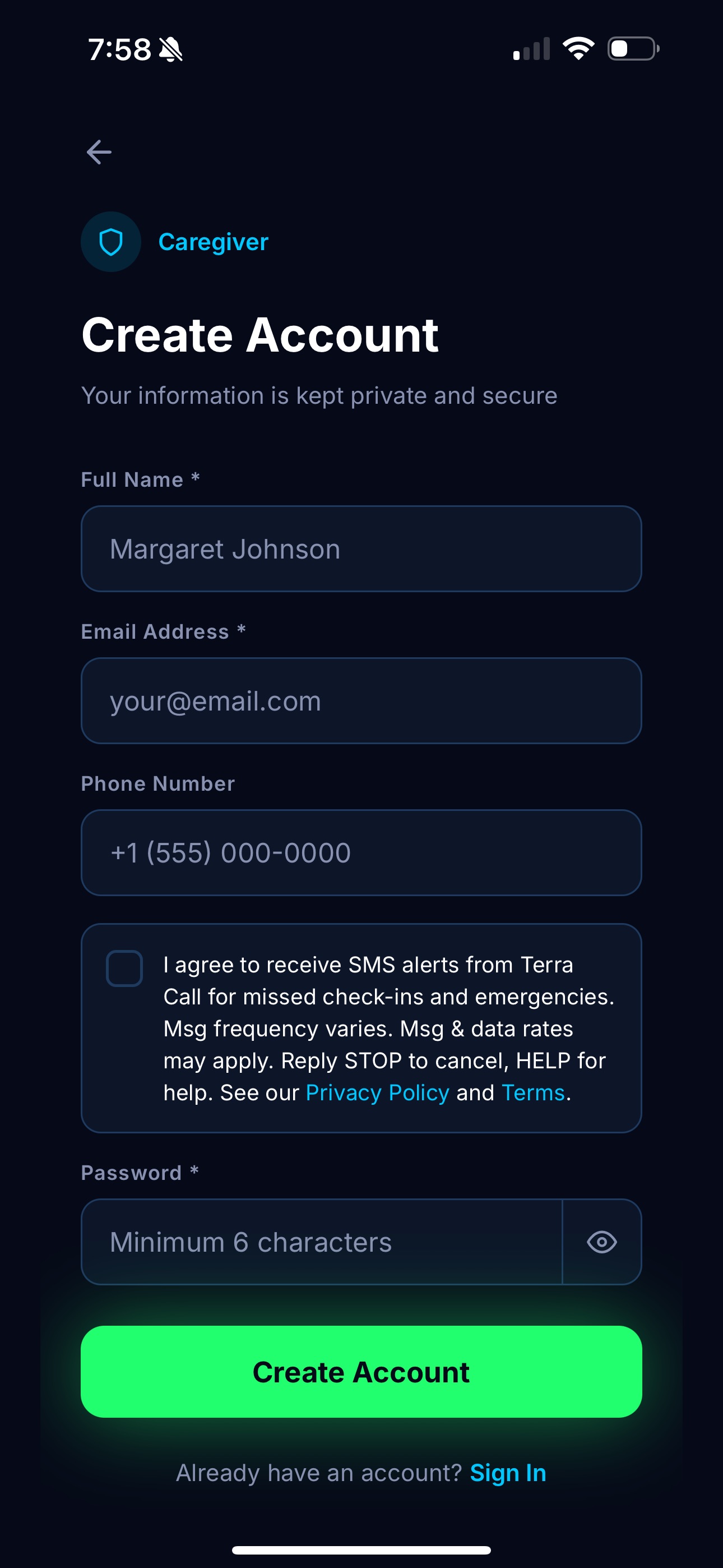Terra Call registration — SMS consent checkbox unchecked by default