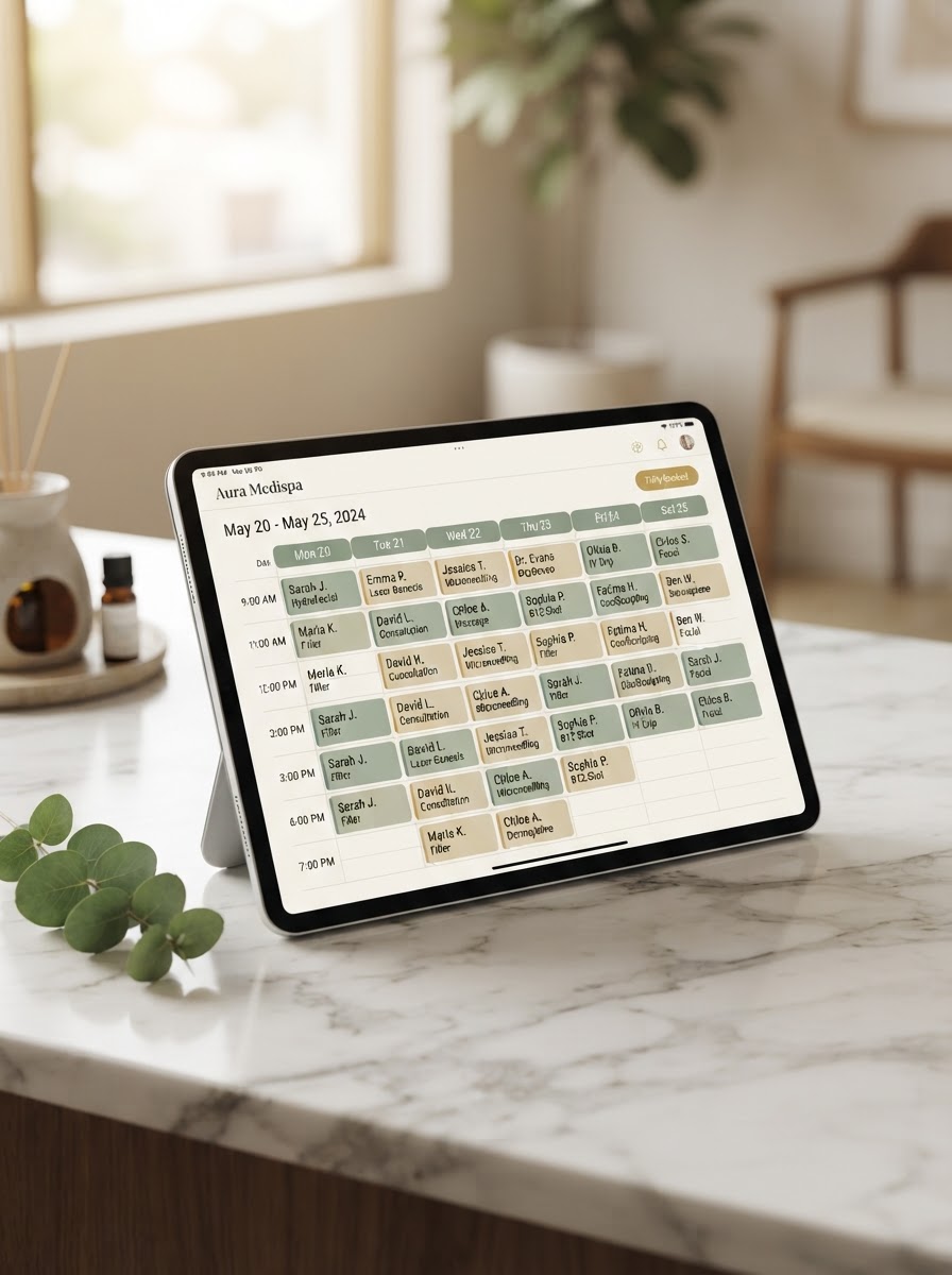 Fully-booked weekly appointment calendar for a luxury medical spa