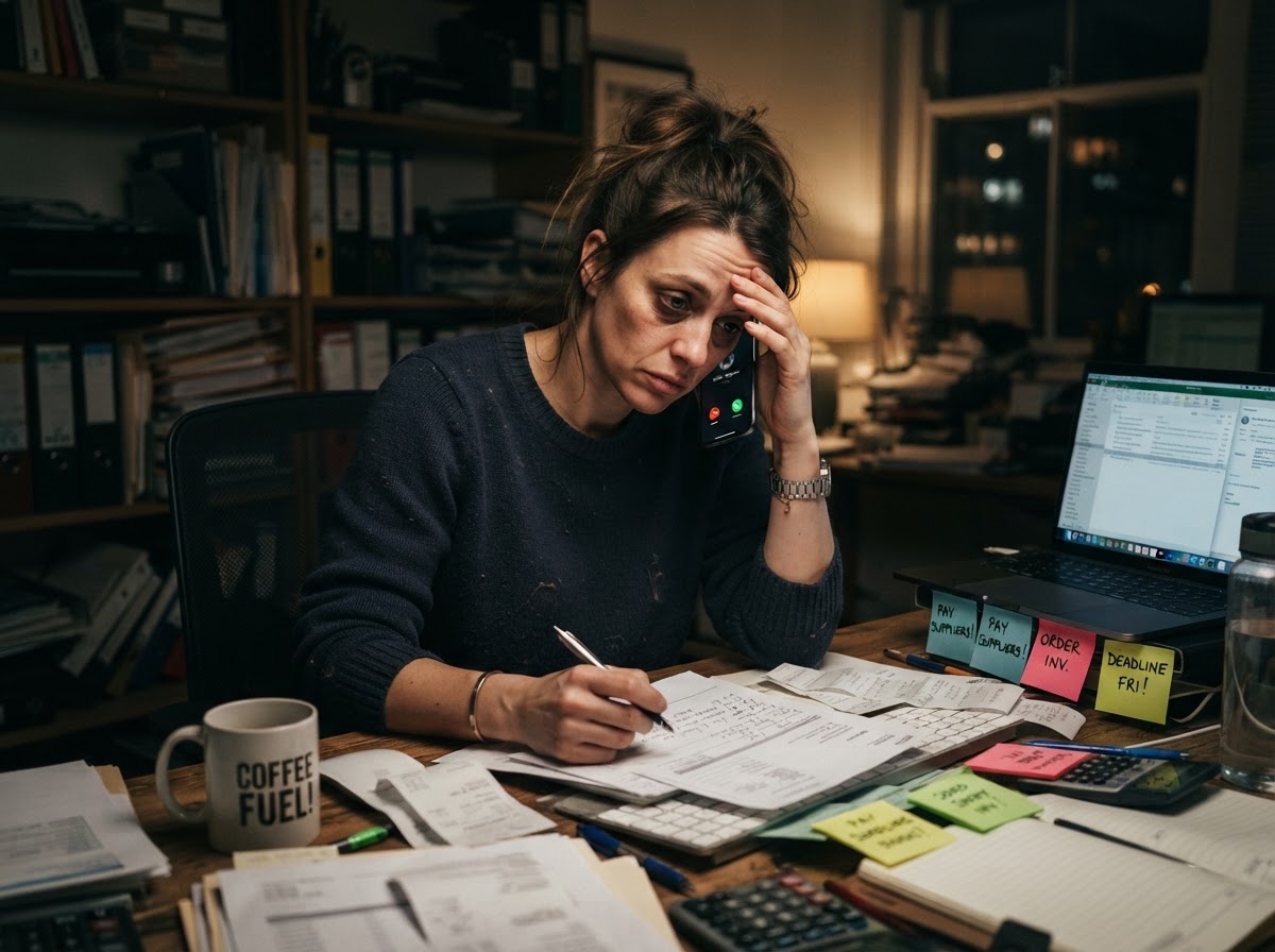 Stressed business owner working late at a cluttered desk