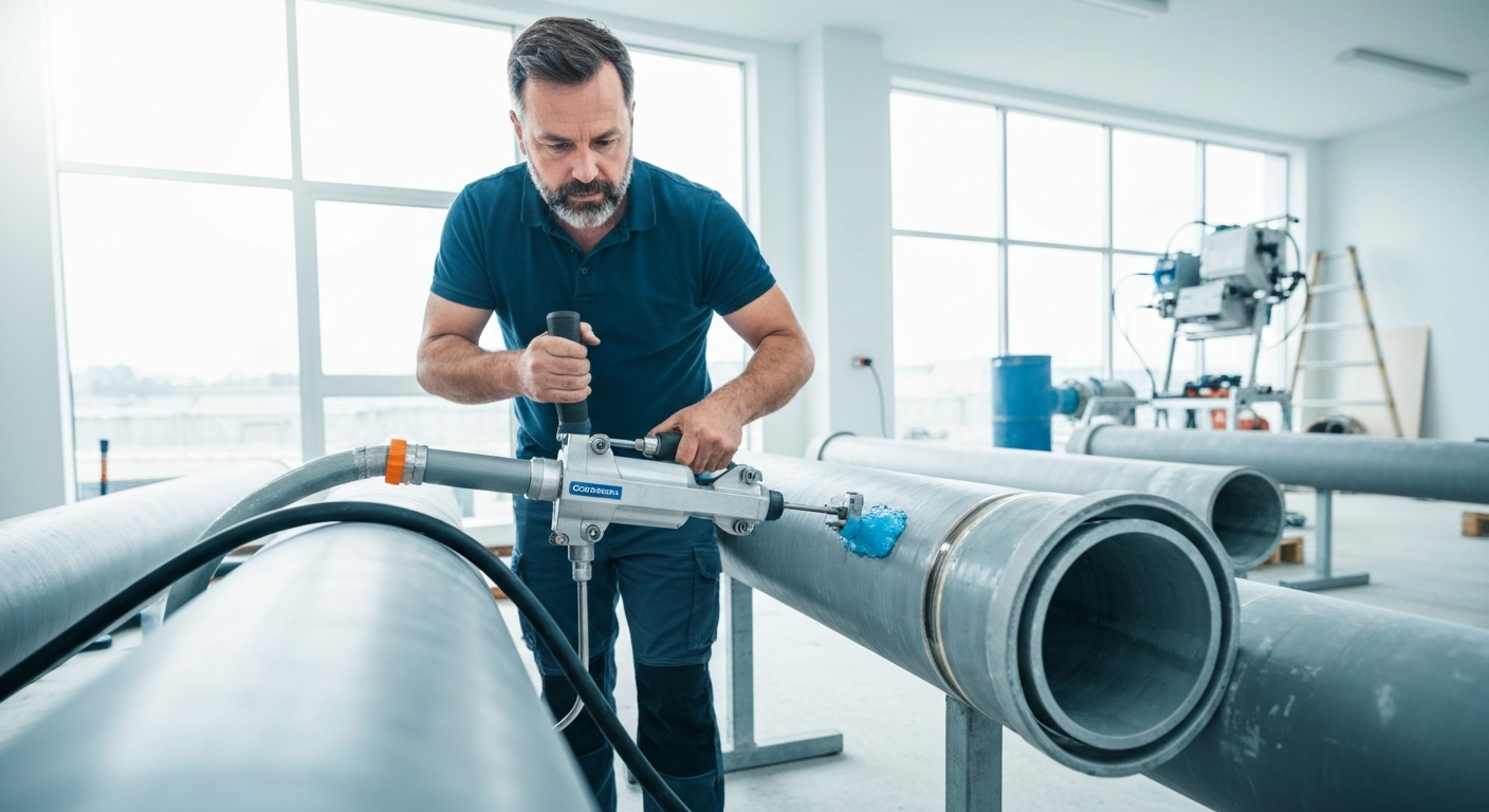 Plumber working with epoxy pipe coating technology