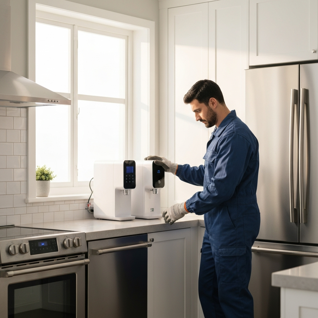 Professional installing a water purification system