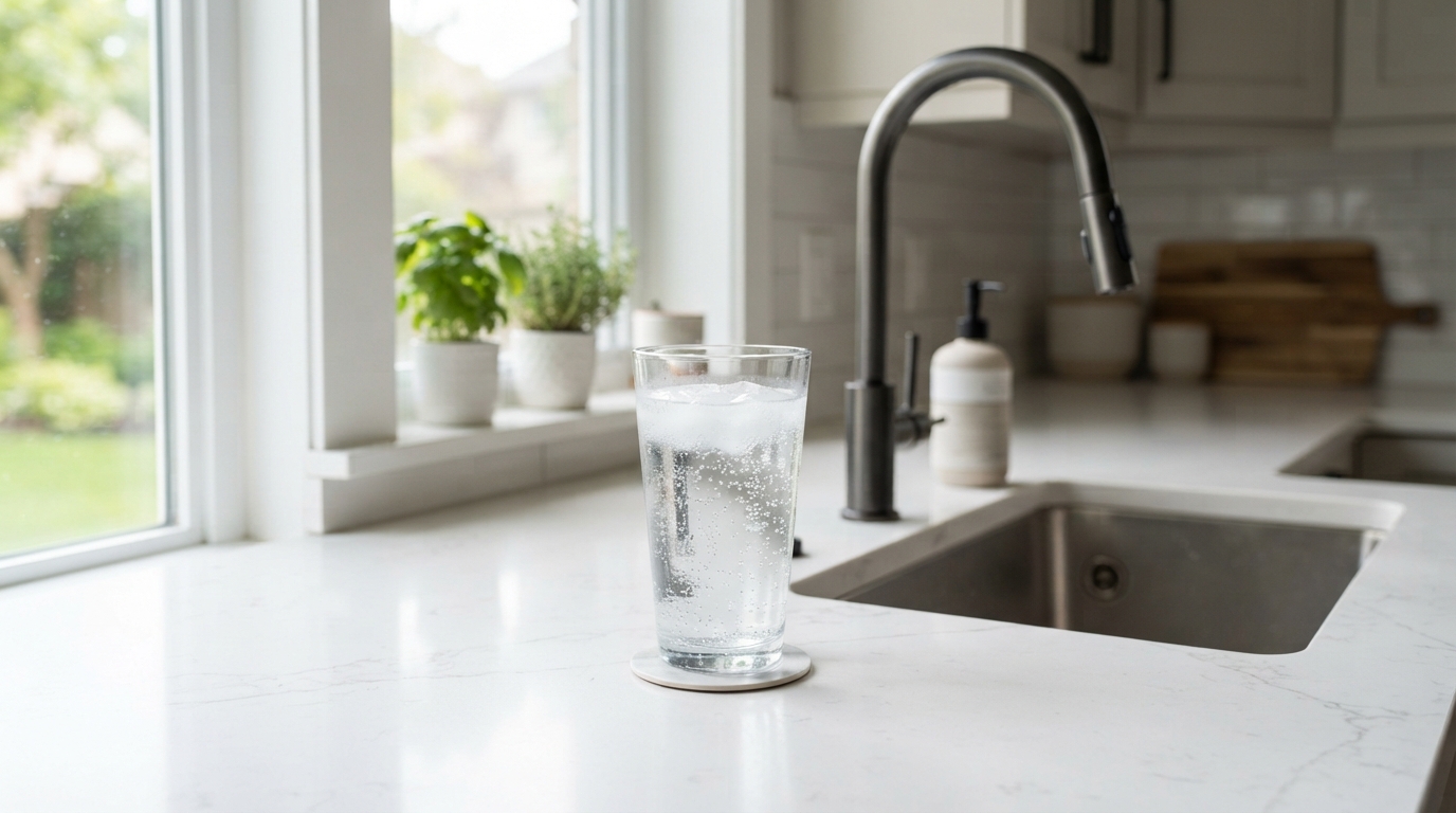 Glass of clean tap water on an Irvine kitchen counter