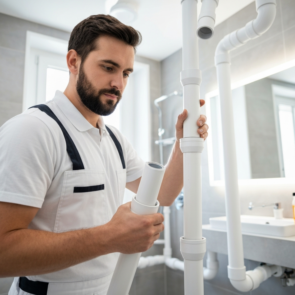 Professional plumber installing new PVC drain pipes