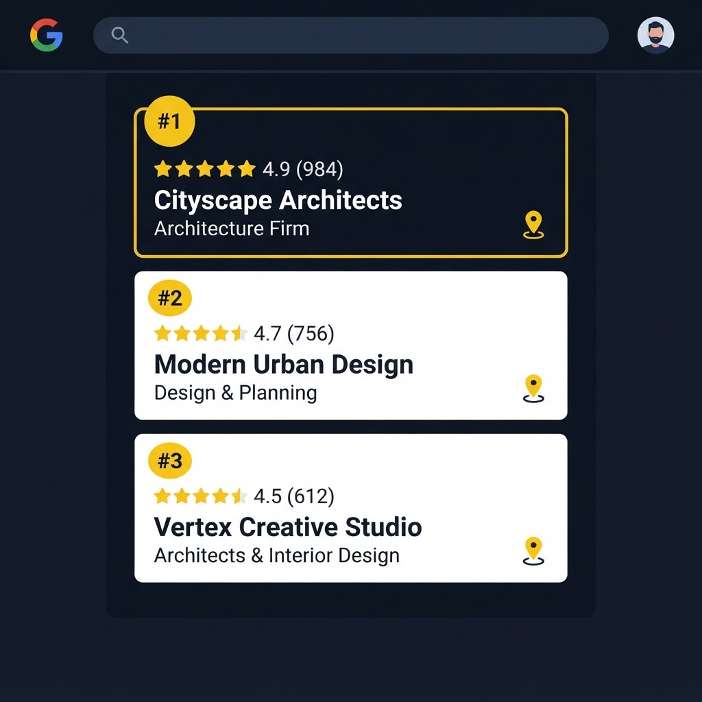 Stylized Google local search 3-pack showing a business ranking at the top