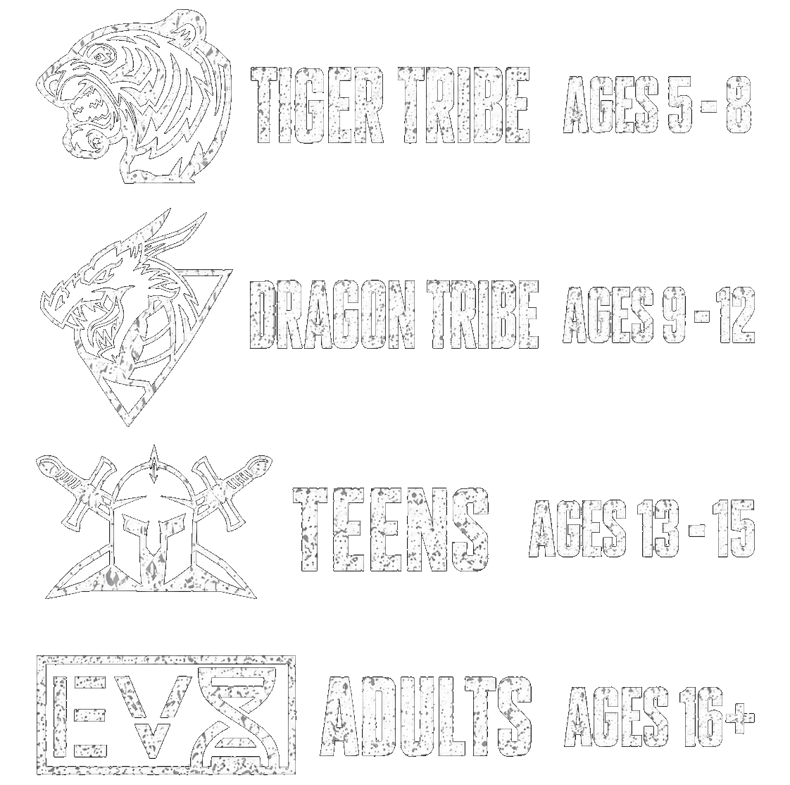 EVX Programs: Tiger Tribe Ages 5-8, Dragon Tribe Ages 9-12, Teens Ages 13-15, Adults Ages 16+