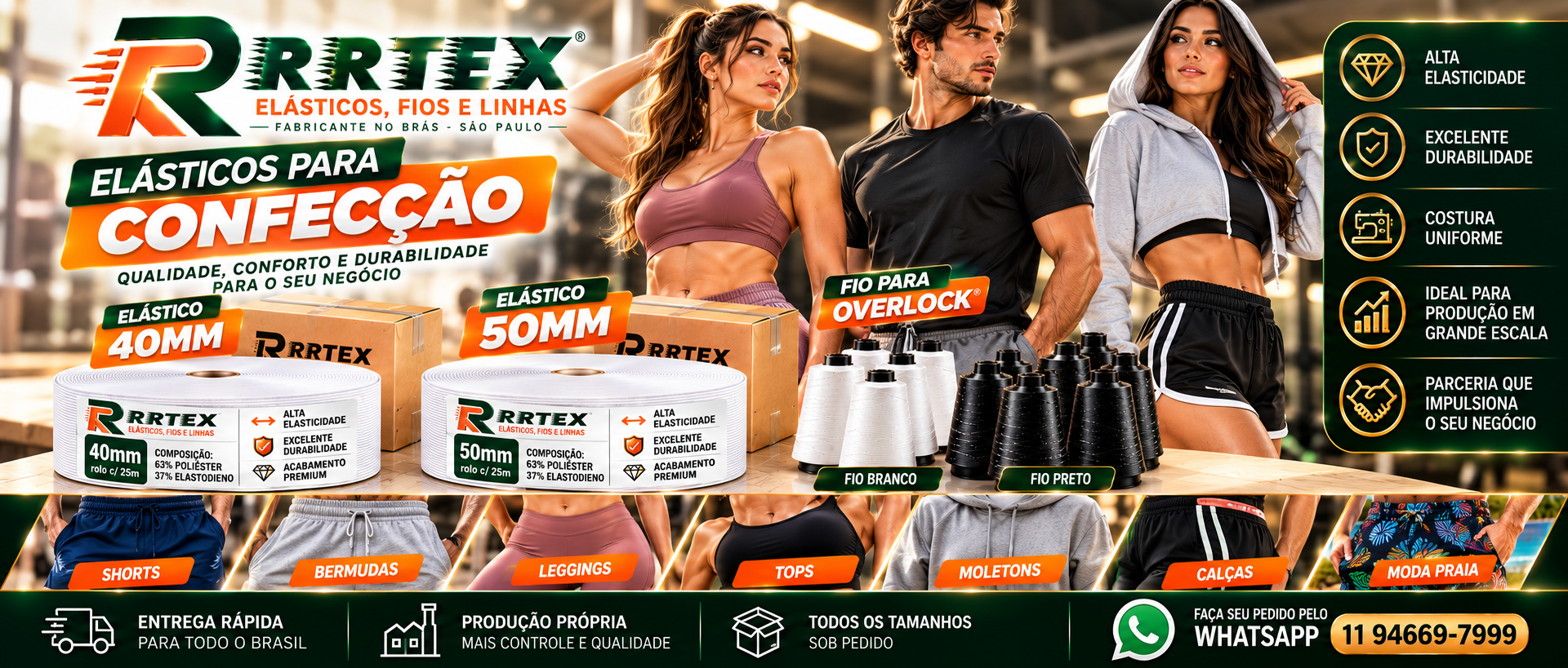 RRTEX - Elásticos para Confecção 40mm, 50mm e Fios de Overlock