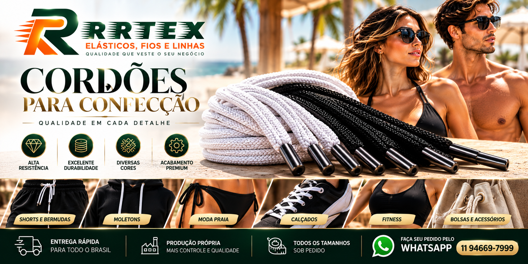 RRTEX - Cordões para Confecção (Moletons, Shorts, Fitness, Calçados, Bolsas)