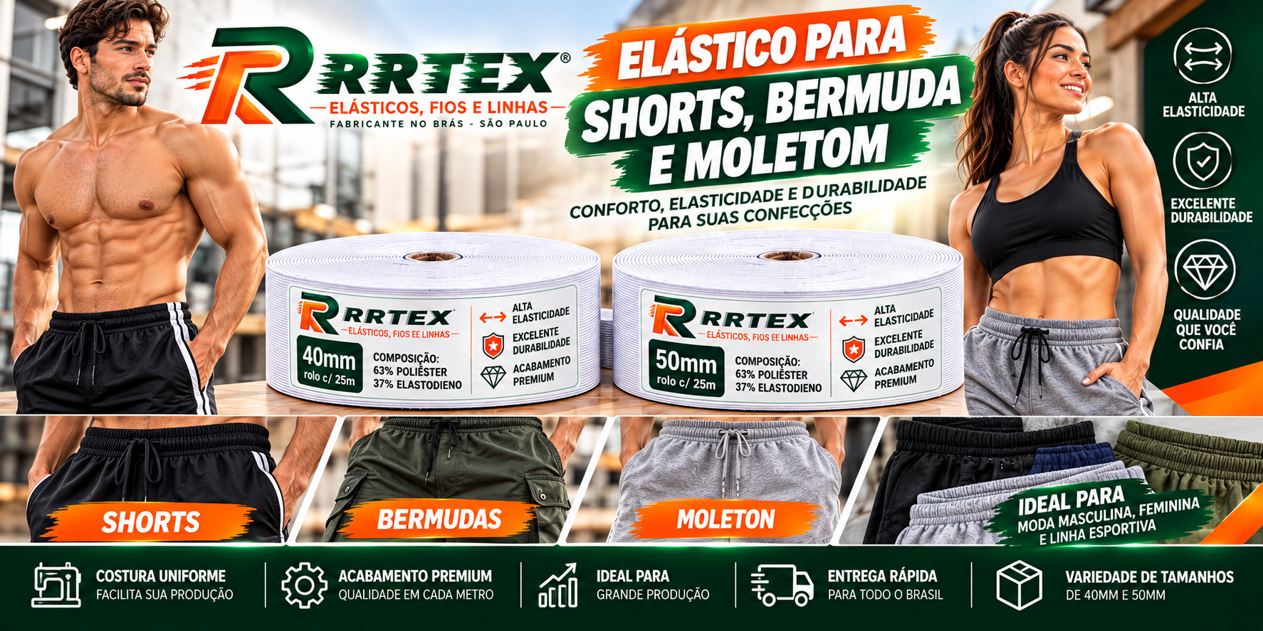 RRTEX - Elástico para Shorts, Bermuda e Moletom (40mm e 50mm)