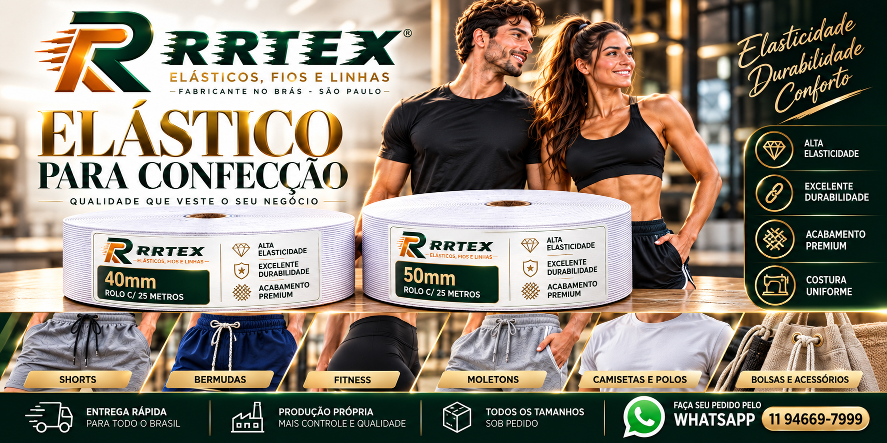 RRTEX - Elástico para Confecção em Geral (Shorts, Bermudas, Fitness, 40mm e 50mm)
