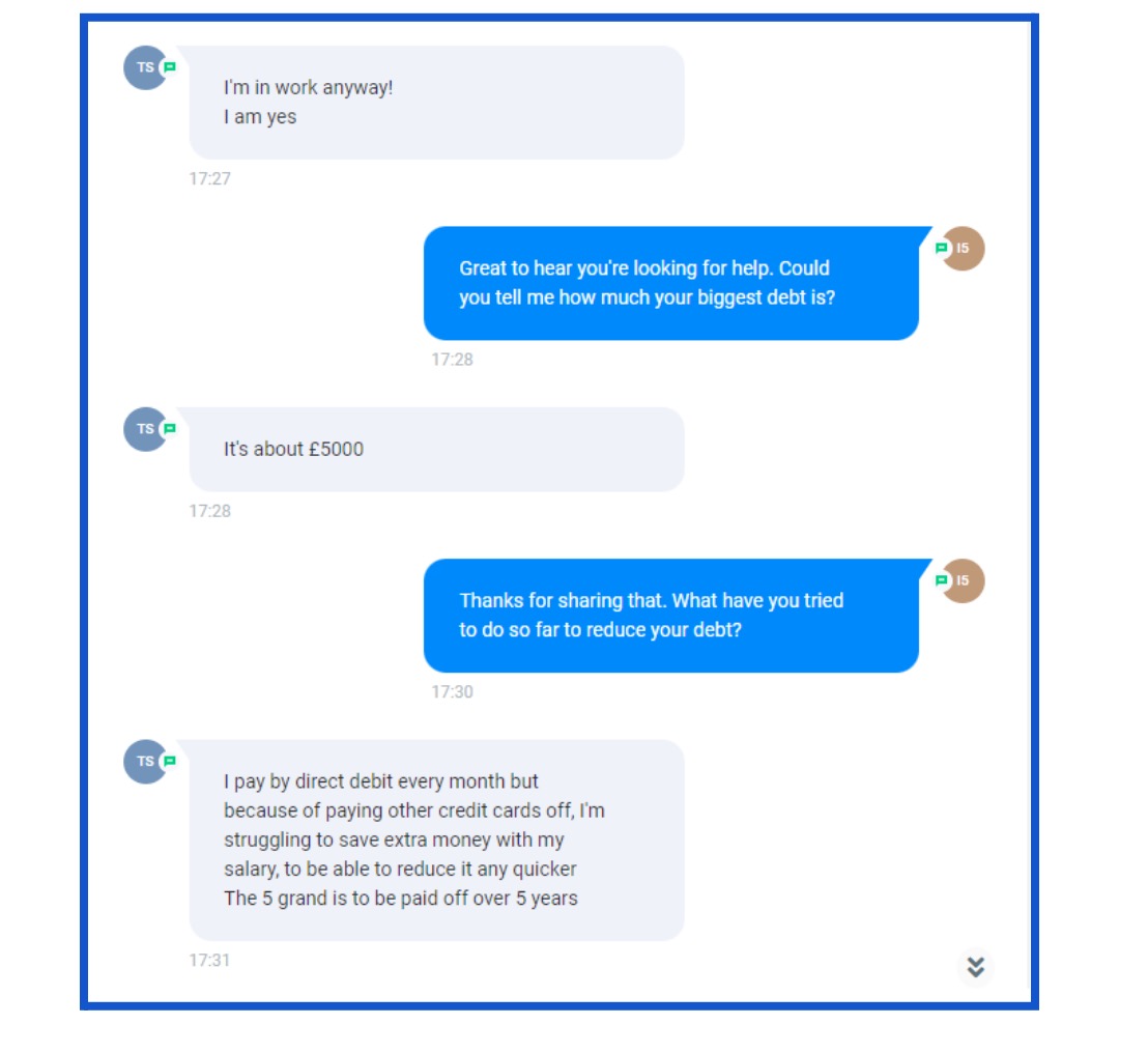 Goldmine AI back and forth conversation with a debt consolidation lead