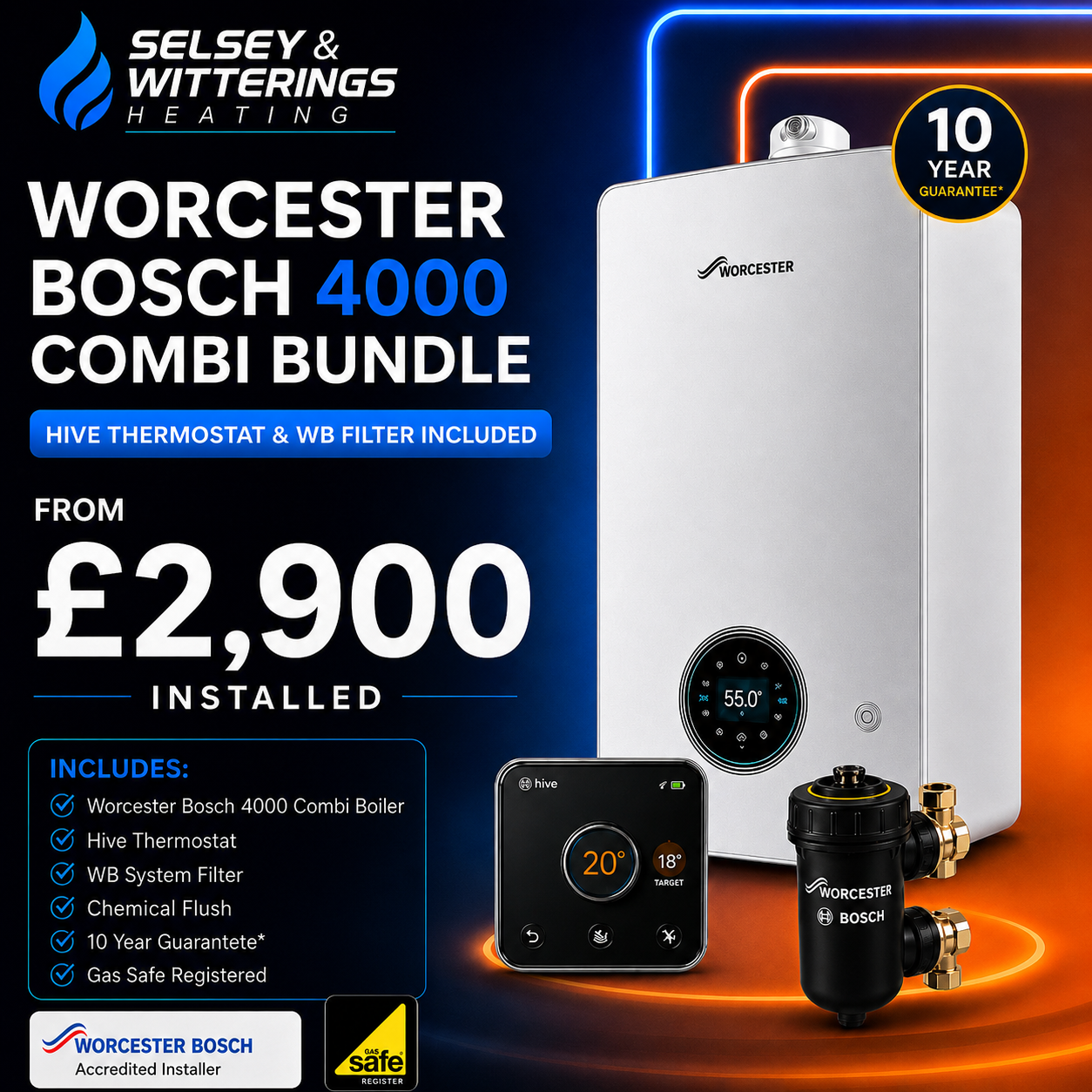 £2,900 Worcester Bosch boiler installation deal with Worcester Bosch filter from Selsey & Witterings Heating