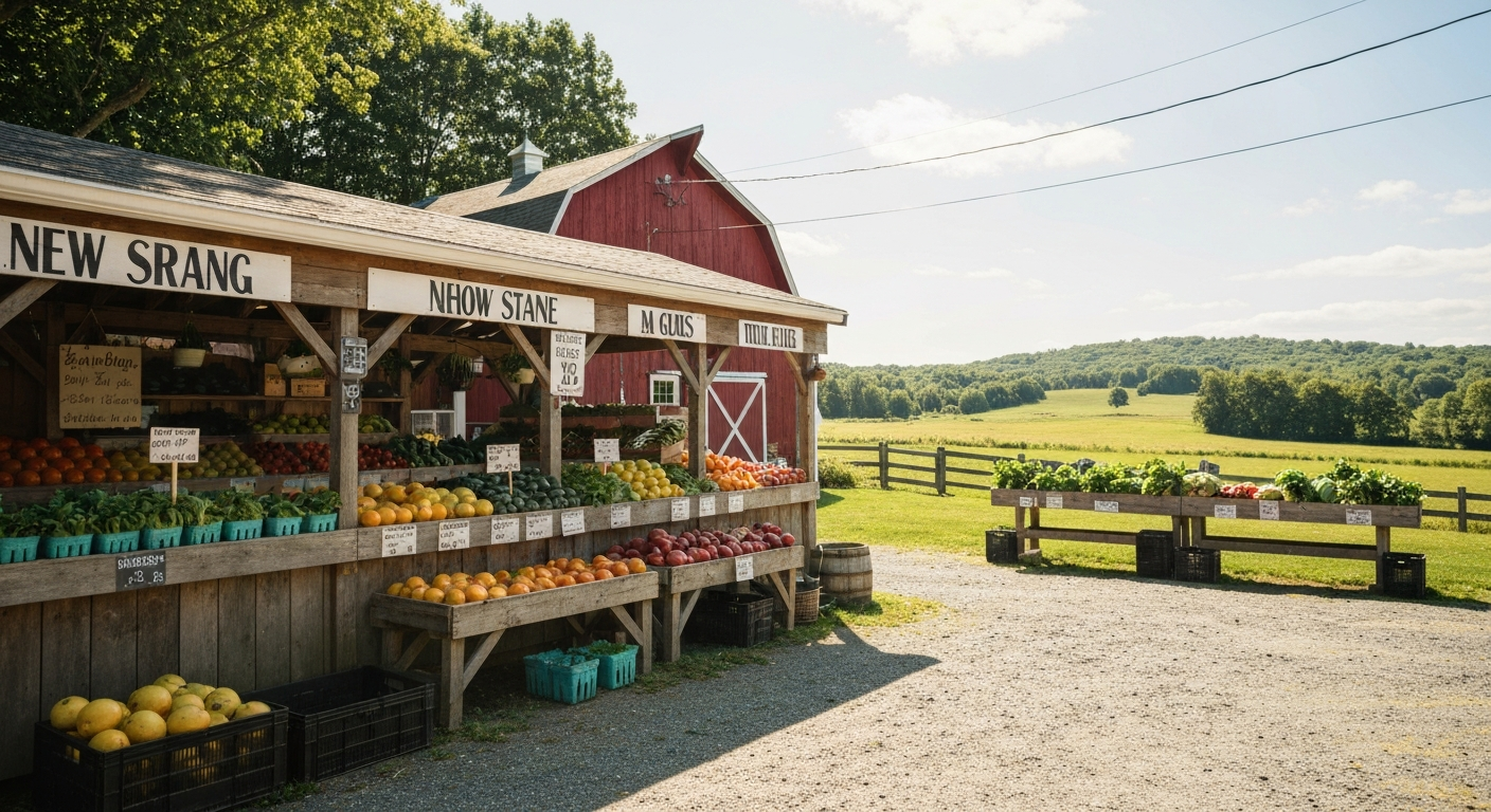 Classic New England farm stand and rural homes in Newbury