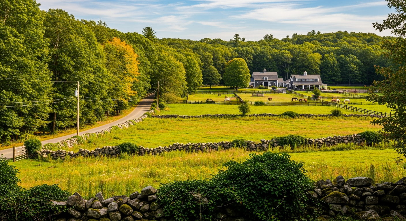 Rural country road and pristine woodlands in Boxford, MA