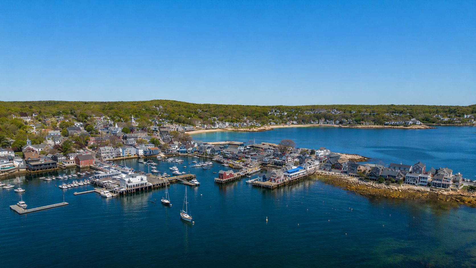 Scenic aerial view of Rockport Harbor and coastline in Massachusetts