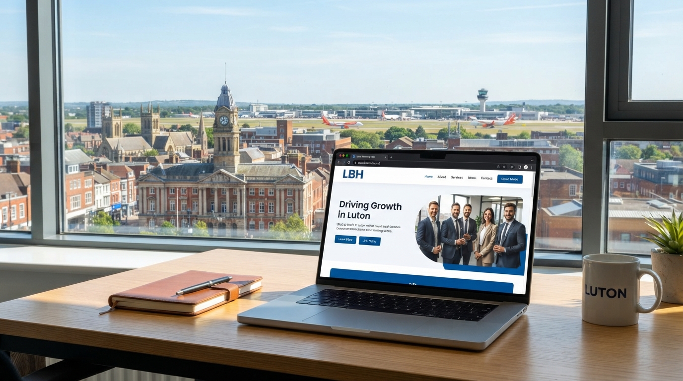 Luton town centre showing St Mary's Church and modern buildings, representing web design services for Bedfordshire businesses