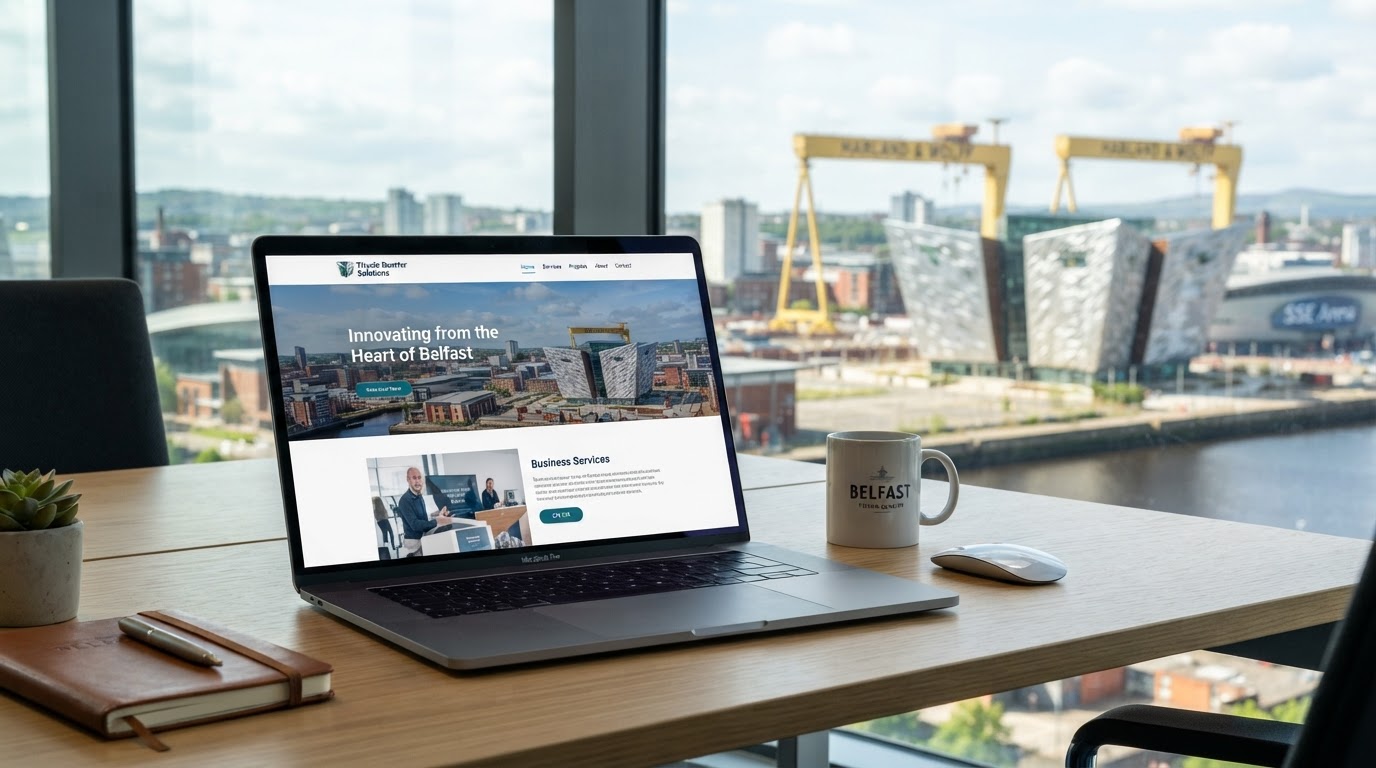 Belfast skyline with the Titanic Belfast museum and city centre, representing web design services for Northern Ireland businesses