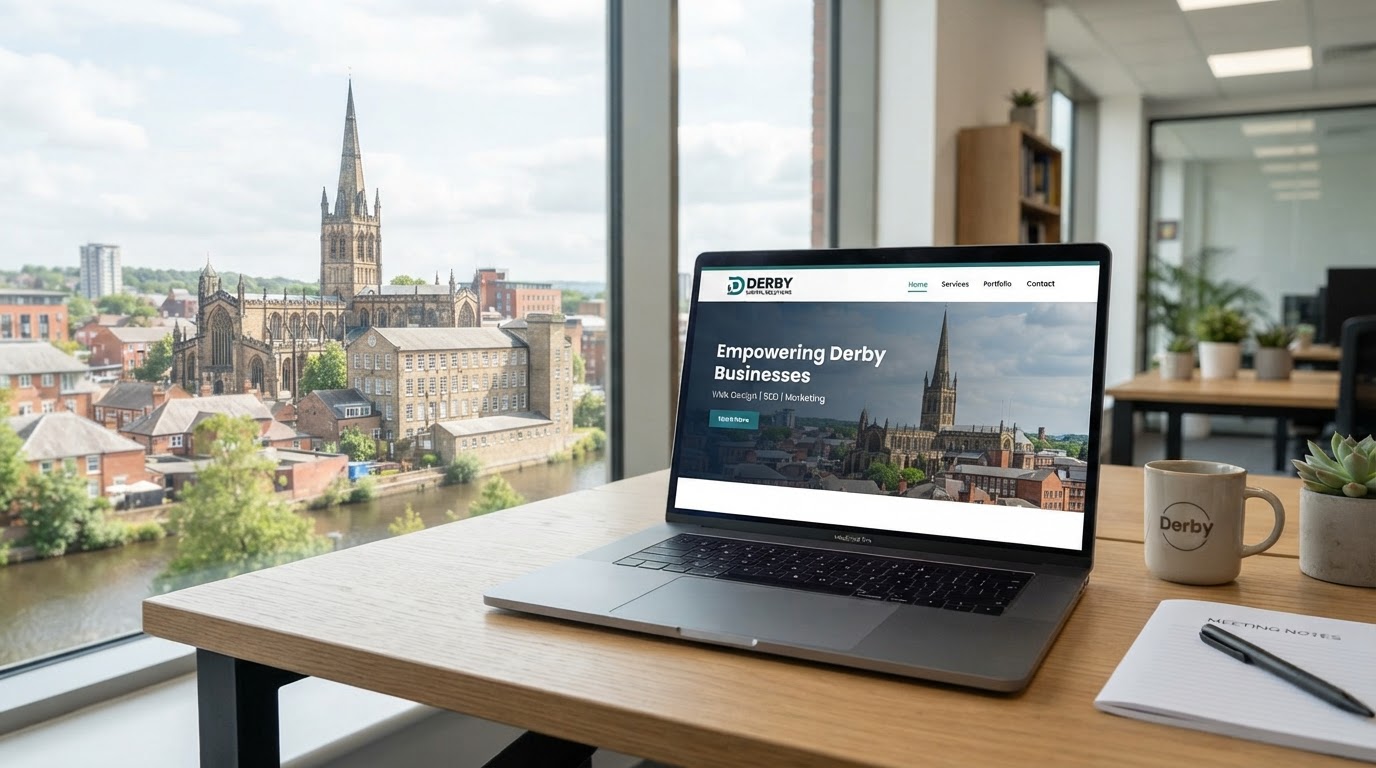 Derby Cathedral and city centre buildings, representing web design services for Derbyshire businesses