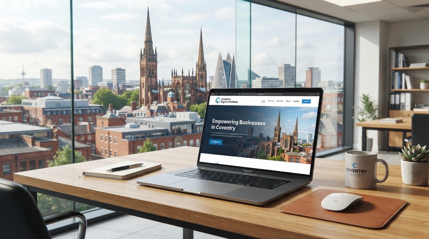 Coventry Cathedral spire and city skyline, representing web design services for West Midlands businesses