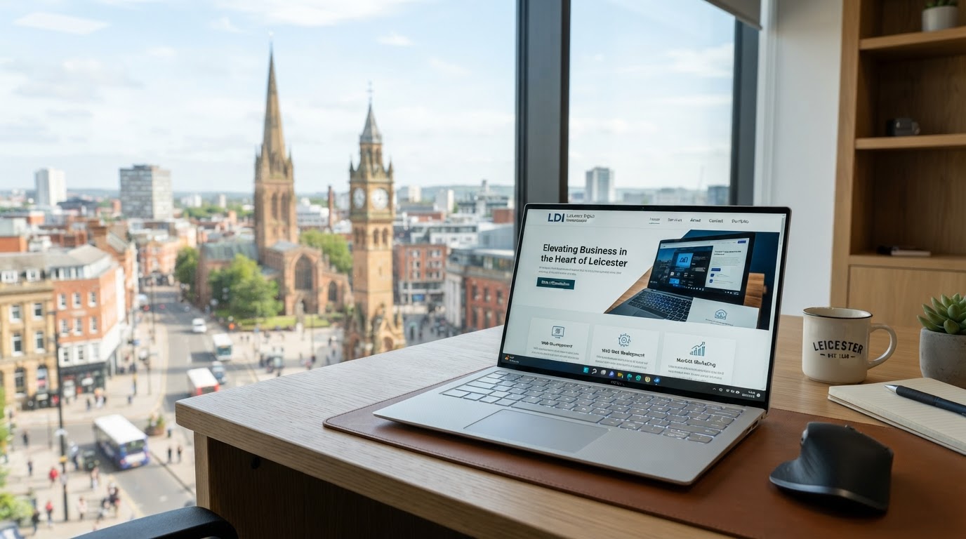 Leicester city centre with the Clock Tower and Highcross, representing web design services for East Midlands businesses