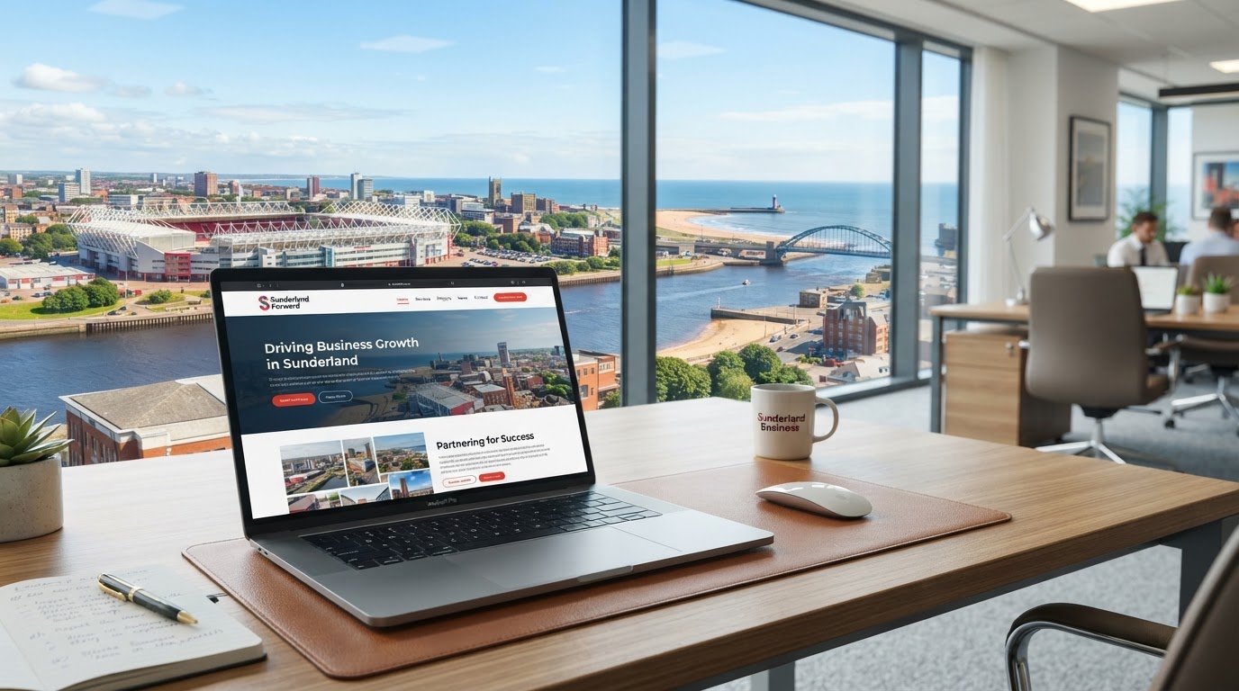 Sunderland waterfront with the Penshaw Monument visible, representing web design services for Tyne and Wear businesses