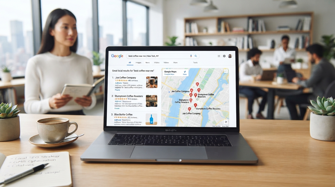 Local SEO services with Google search results on a laptop