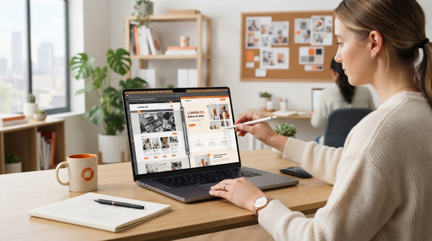 Website redesign process on a laptop