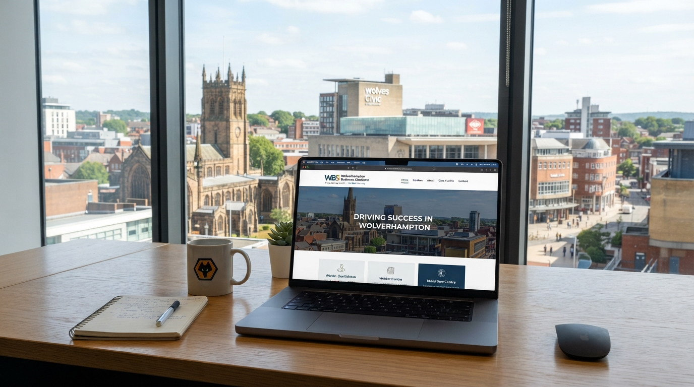 Wolverhampton city centre with St Peter's Church, representing web design services for West Midlands businesses