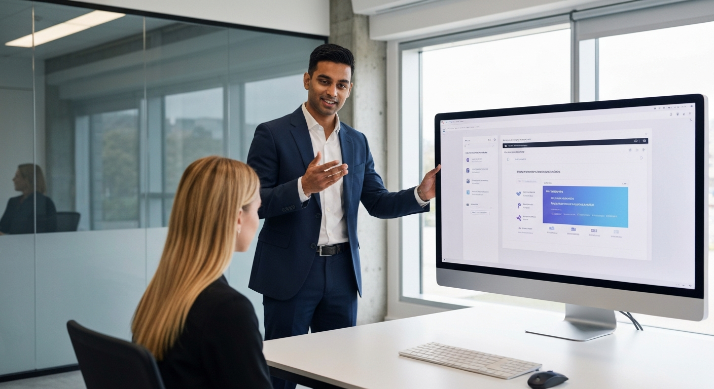 Tech expert showing a demo to a prospect