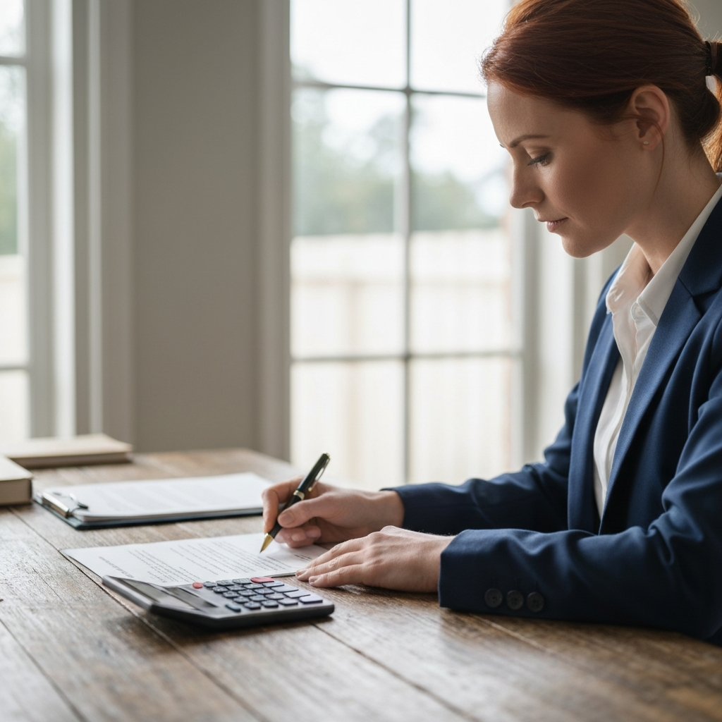 Person reviewing closing documents with a calculator