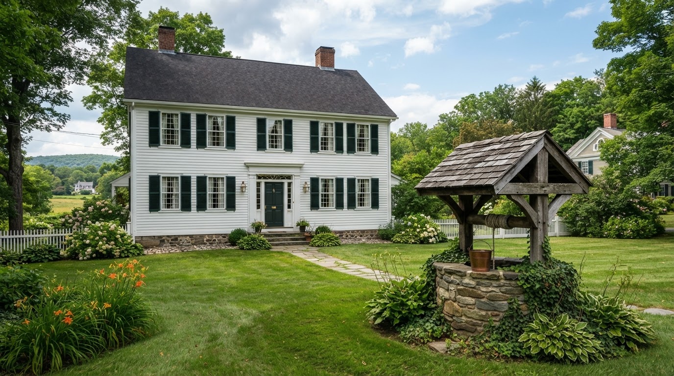 Historic Connecticut Colonial home with stone well and lawn