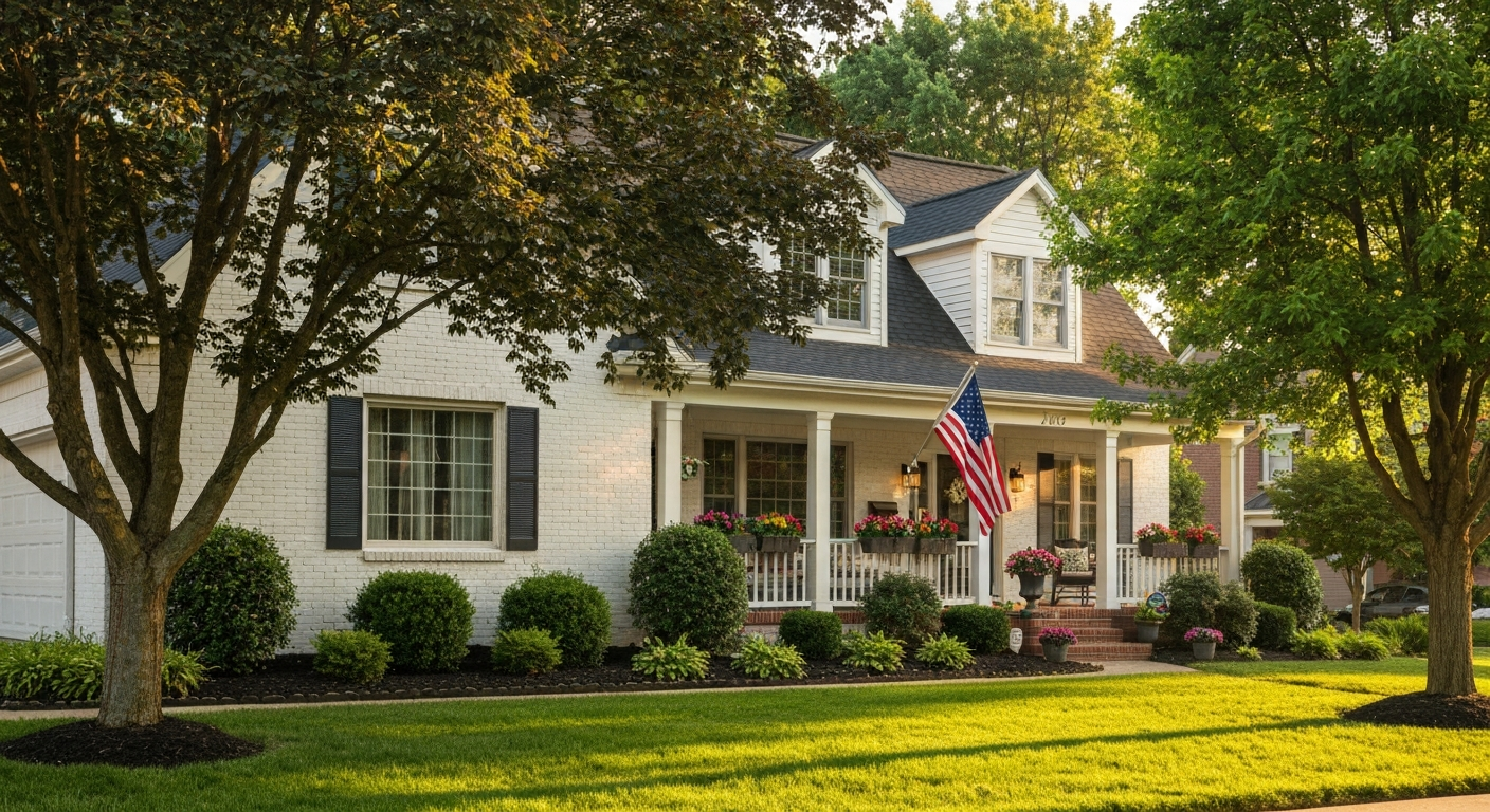 Suburban home with American flag for VA home buyers