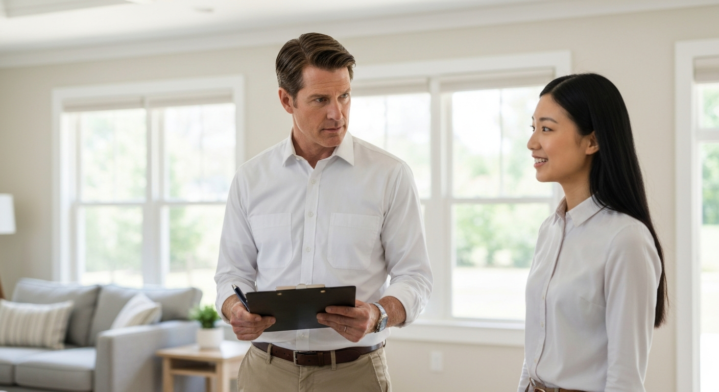 Home inspector examining a house with a clipboard