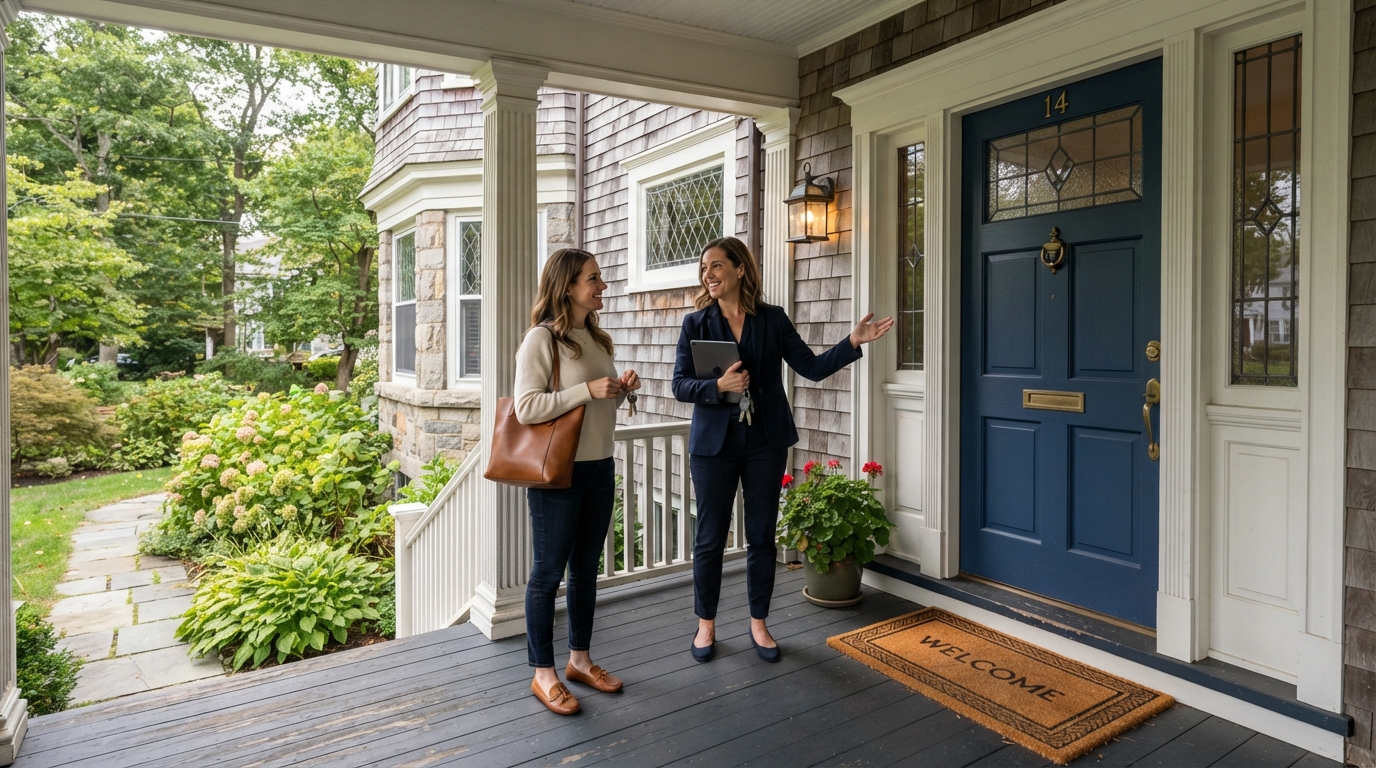 Professional Realtor showing a New England home exterior