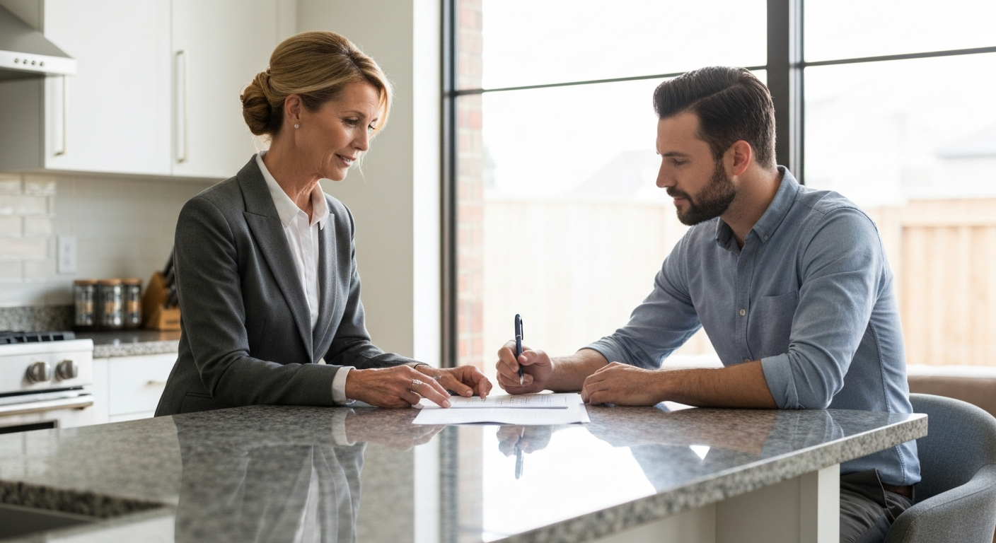 Real estate agent and seller reviewing pricing strategy