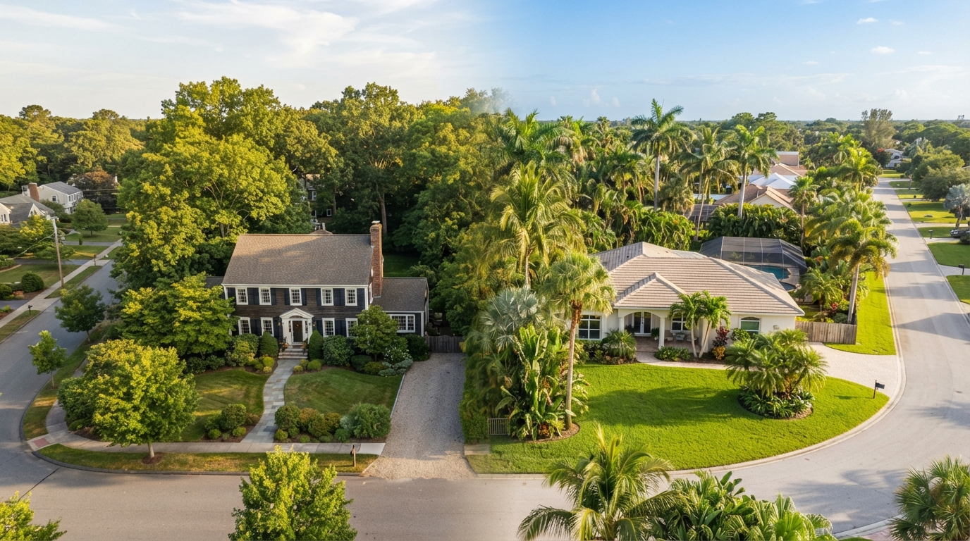 Connecticut colonial home transitioning to Florida ranch home, symbolizing relocation