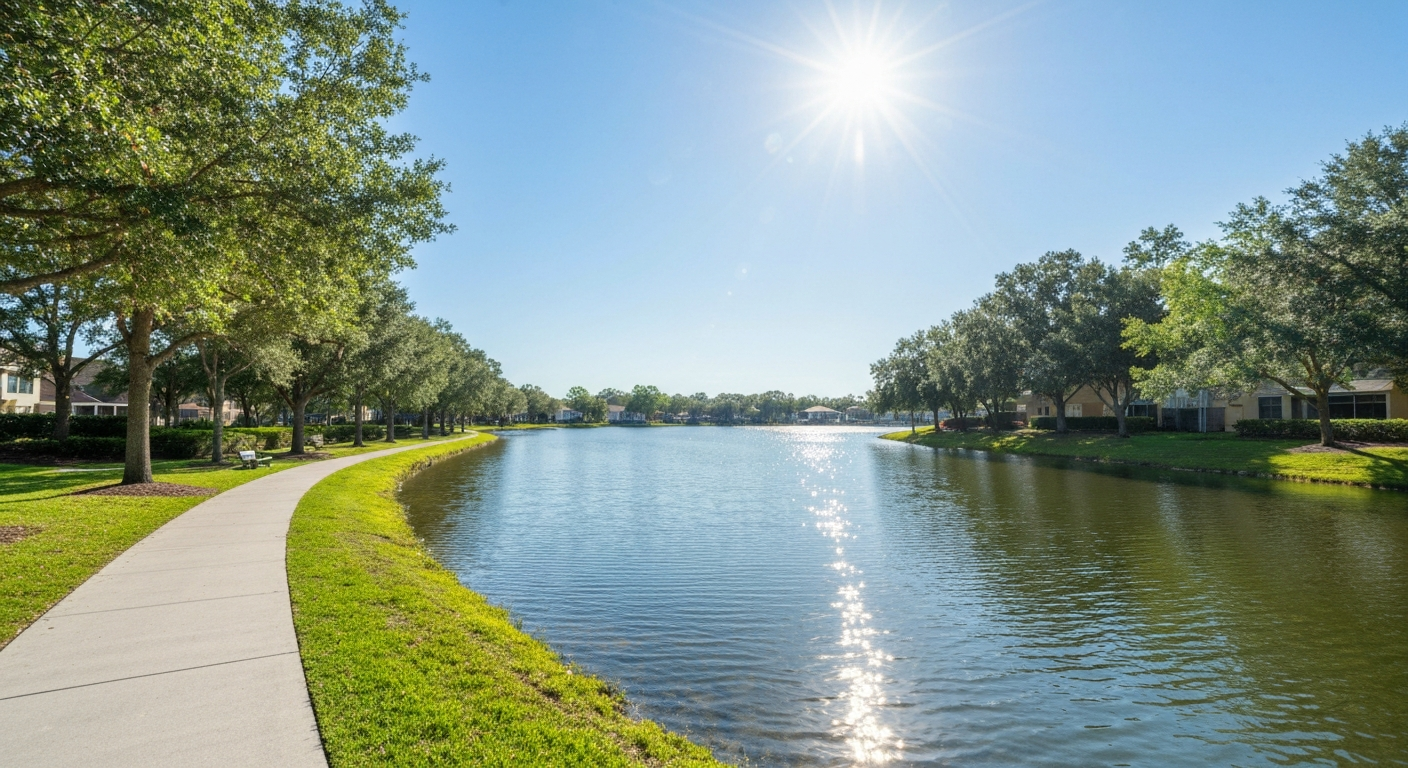 Beautiful sunny lake with a walking path in Lakeland, Florida