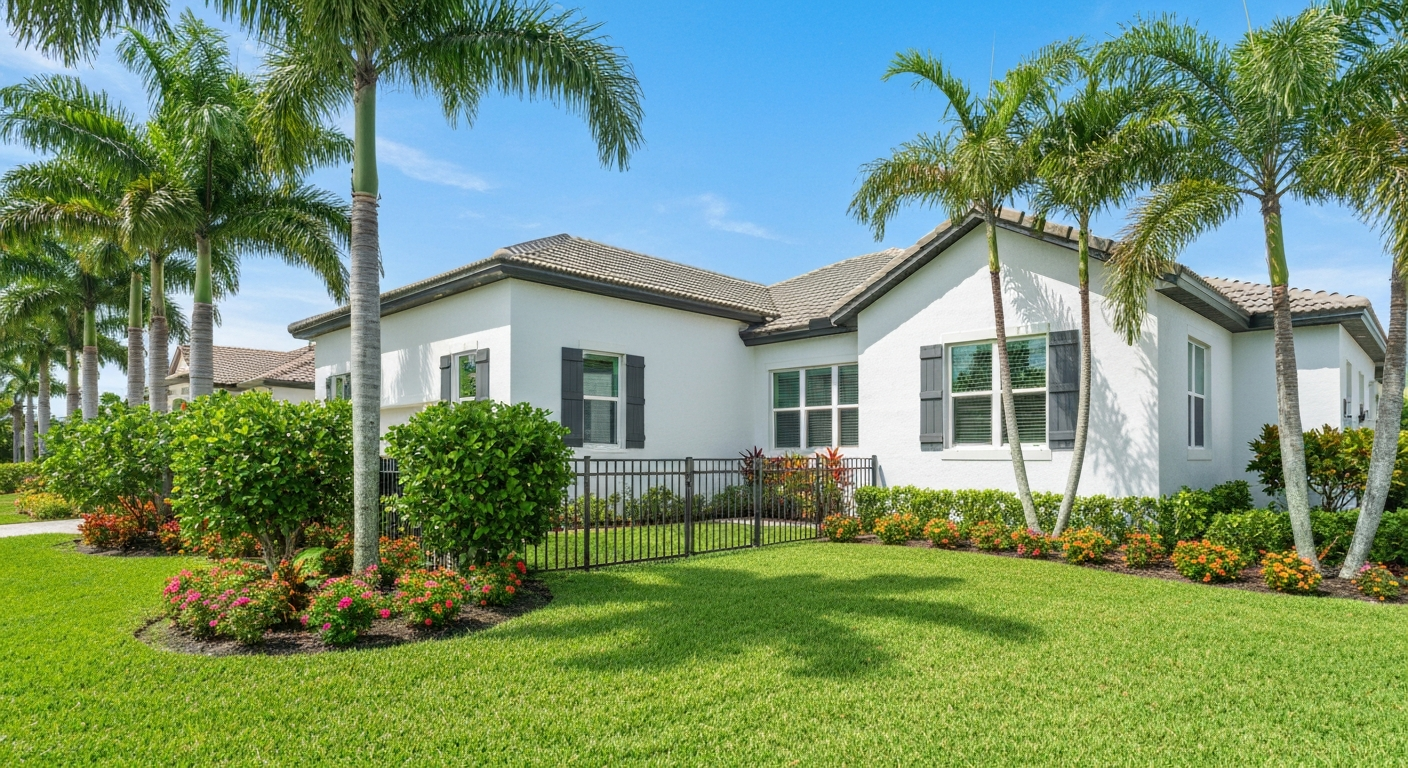 Beautiful, well-maintained suburban home exterior in Florida with palm trees